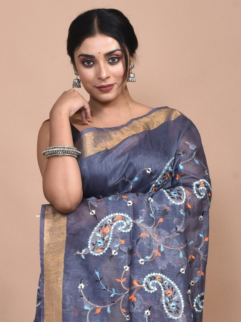 Grey Linen Saree with Kolki Design Machine Embroidery and Golden Zari Border | Verified Sustainable by Brown Living™