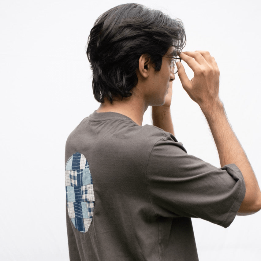 Grey Oversized Organic Cotton T-Shirt with Circle Patchwork | Verified Sustainable by Brown Living™