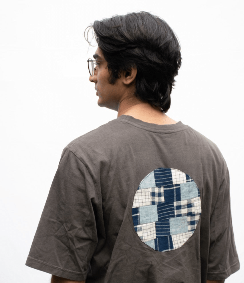 Grey Oversized Organic Cotton T-Shirt with Circle Patchwork | Verified Sustainable by Brown Living™