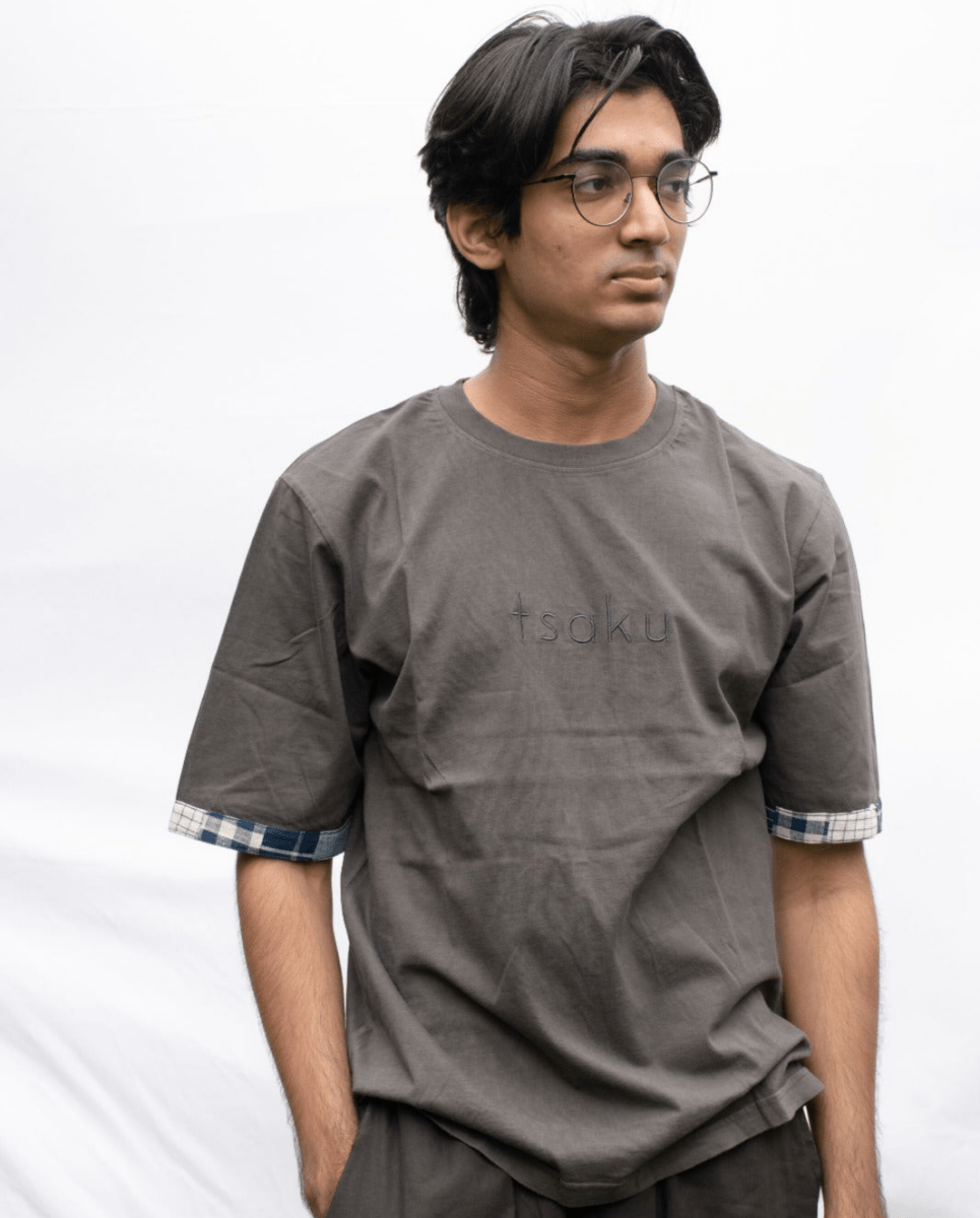 Grey Oversized Organic Cotton T-Shirt with Patchwork Sleeves | Verified Sustainable by Brown Living™