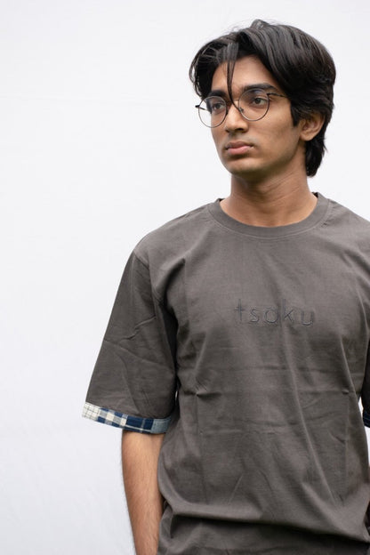 Grey Oversized Organic Cotton T-Shirt with Patchwork Sleeves | Verified Sustainable by Brown Living™