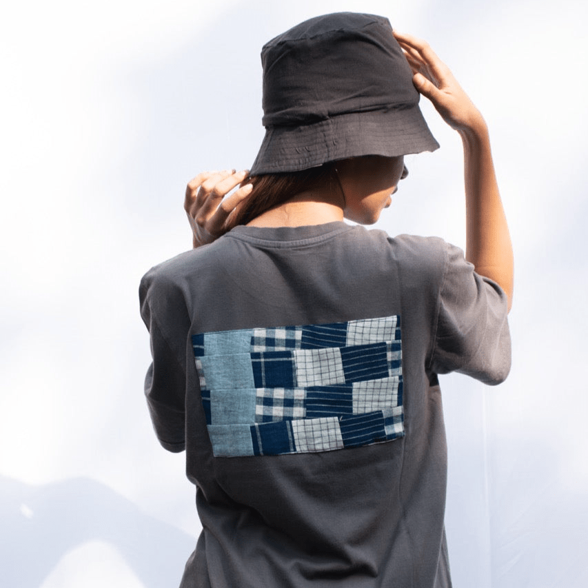 Grey Oversized Organic Cotton T-Shirt with Rectangle Patchwork | Verified Sustainable by Brown Living™