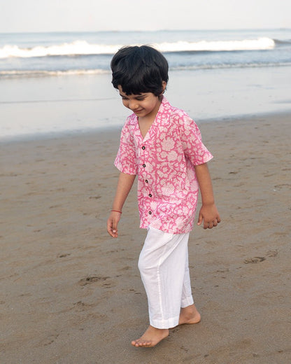 Groove - Pink Floral Hand Block Print Boys Shirt | Verified Sustainable by Brown Living™