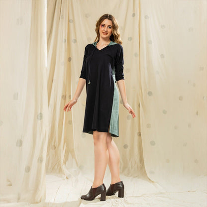 Hand Crafted - Black Organic Khadi Nature - Inspired Hoodie Dress | Verified Sustainable by Brown Living™
