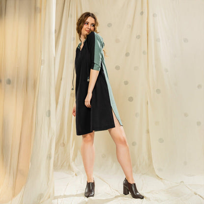Hand Crafted - Black Organic Khadi Nature - Inspired Hoodie Dress | Verified Sustainable by Brown Living™