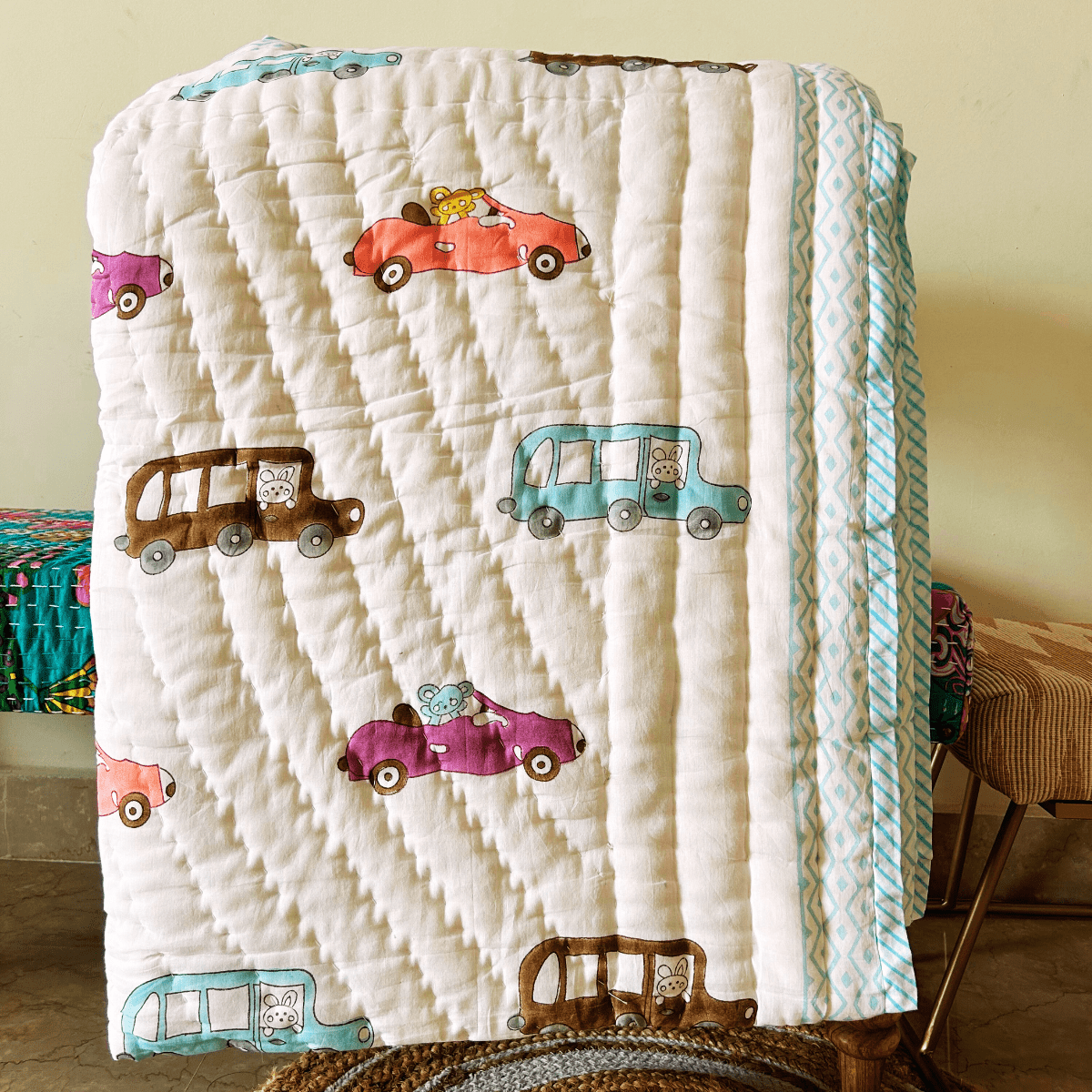 Handblock Car Print Kids Blanket – 40x60 inches | Verified Sustainable by Brown Living™