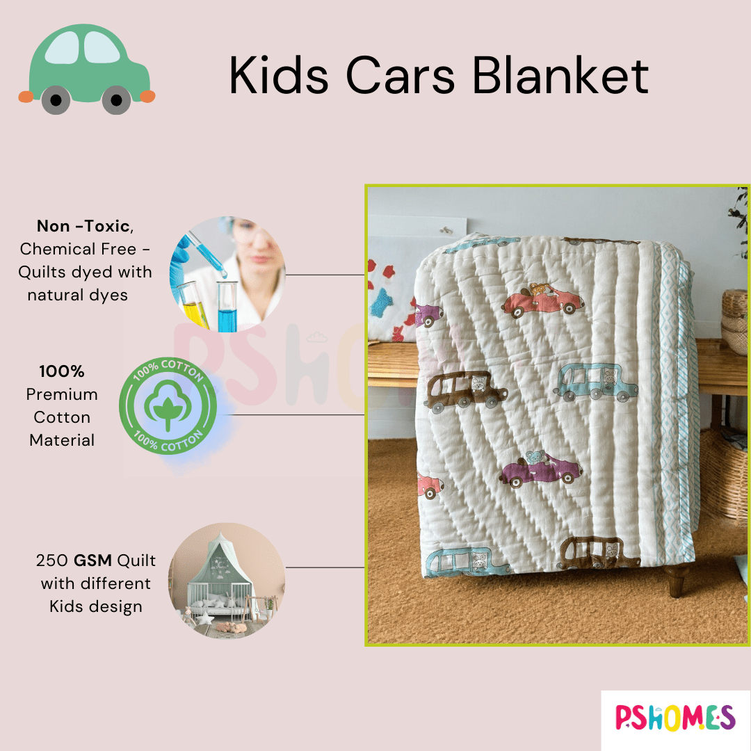 Handblock Car Print Kids Blanket – 40x60 inches | Verified Sustainable by Brown Living™