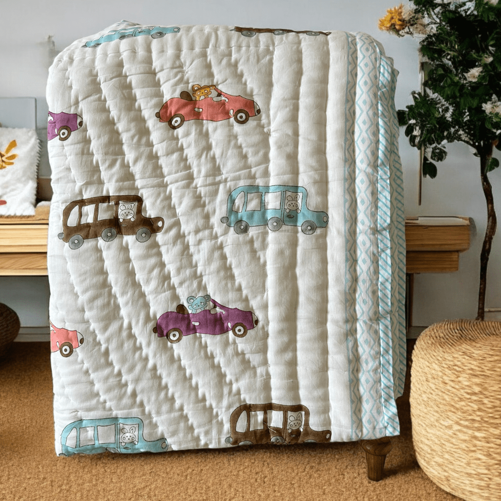 Handblock Car Print Kids Blanket – 40x60 inches | Verified Sustainable by Brown Living™