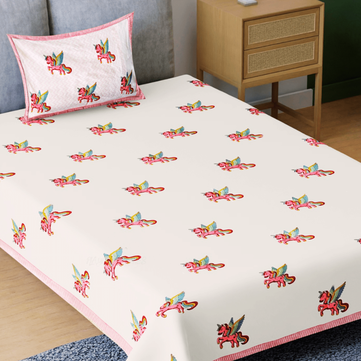 Handblock Cotton Bedsheet for Kids – 60x90 – Unicorn Design | Verified Sustainable by Brown Living™