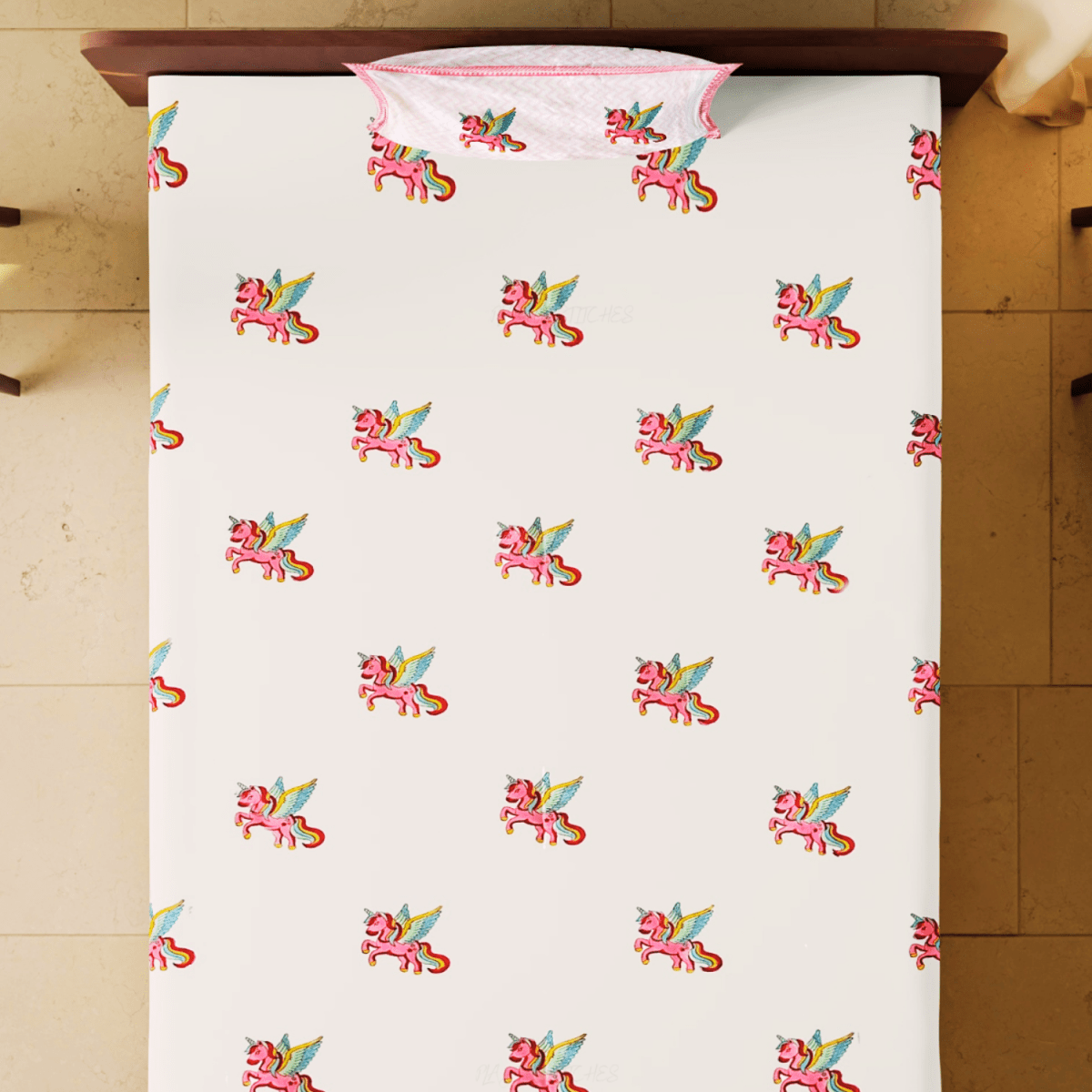 Handblock Cotton Bedsheet for Kids – 60x90 – Unicorn Design | Verified Sustainable by Brown Living™