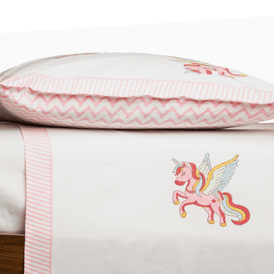 Handblock Cotton Bedsheet for Kids – 60x90 – Unicorn Design – Bedding on Brown Living™. SKU: BEDUNIC_SINGLE. Img 6.