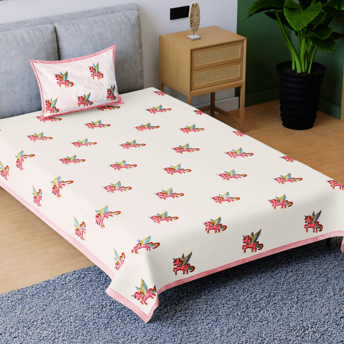 Handblock Cotton Bedsheet for Kids – 60x90 – Unicorn Design | Verified Sustainable by Brown Living™