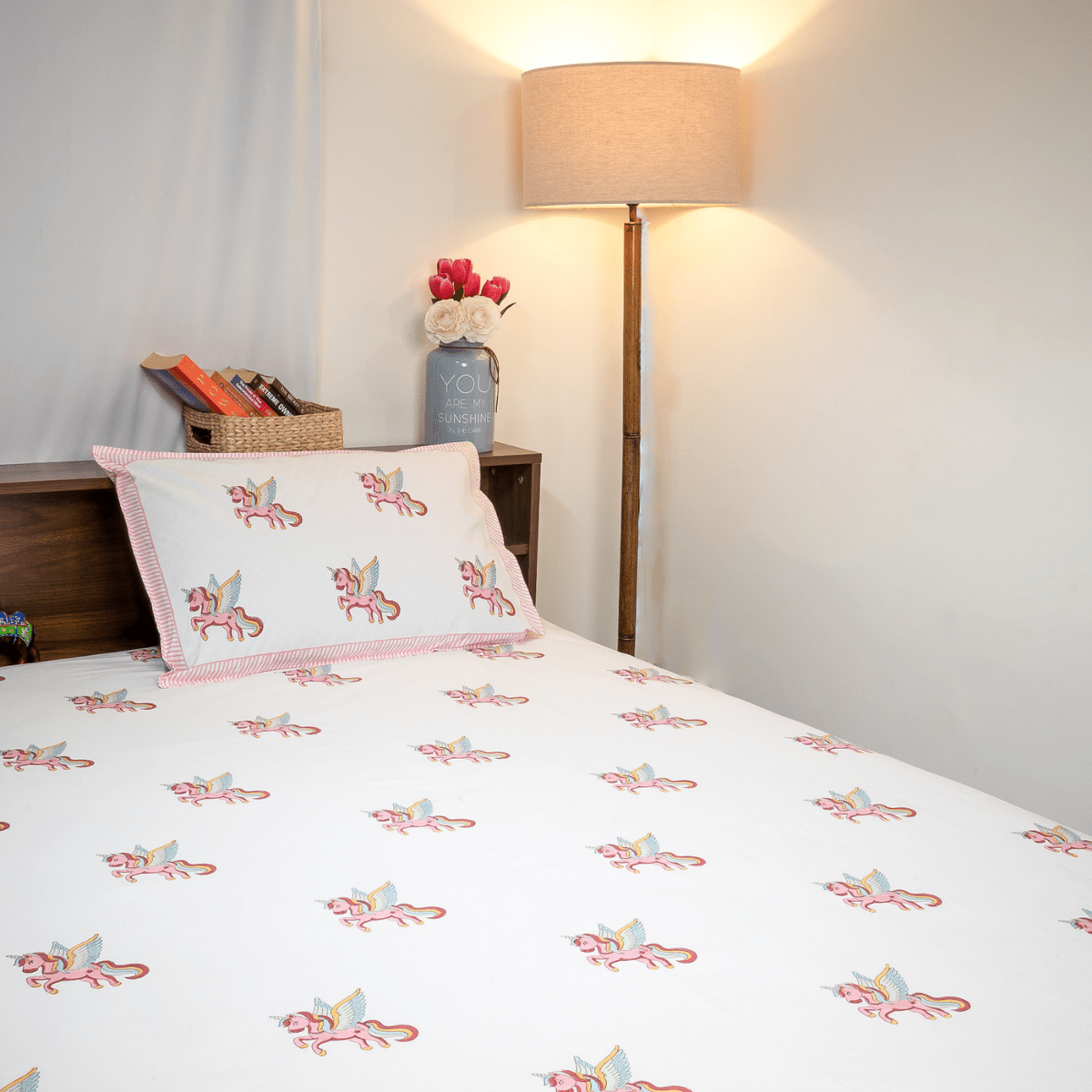 Handblock Cotton Bedsheet for Kids – 60x90 – Unicorn Design | Verified Sustainable by Brown Living™