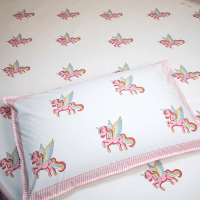 Handblock Cotton Bedsheet for Kids – 60x90 – Unicorn Design – Bedding on Brown Living™. SKU: BEDUNIC_SINGLE. Img 4.