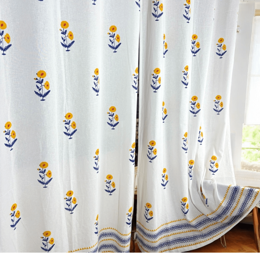 Handblock Cotton Curtains – 7 Ft – Set of 2 – Marigold Floral Print | Verified Sustainable by Brown Living™