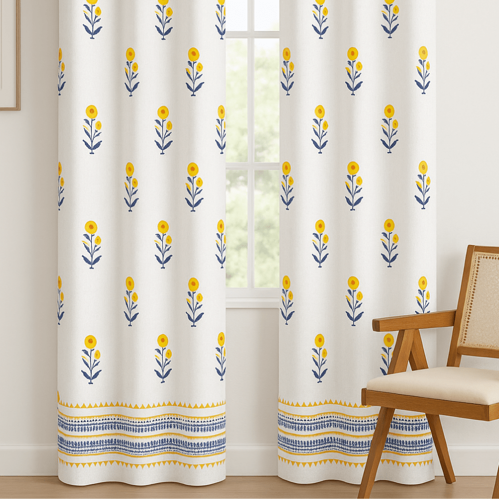 Handblock Cotton Curtains – 7 Ft – Set of 2 – Marigold Floral Print | Verified Sustainable by Brown Living™