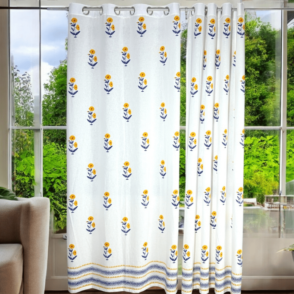 Handblock Cotton Curtains – 7 Ft – Set of 2 – Marigold Floral Print | Verified Sustainable by Brown Living™