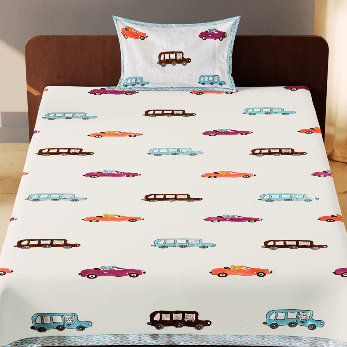 Handblock Cotton Kids Bedsheet – 60x90 – Car Print | Verified Sustainable by Brown Living™