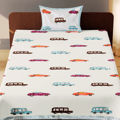 Handblock Cotton Kids Bedsheet – 60x90 – Car Print | Verified Sustainable by Brown Living™