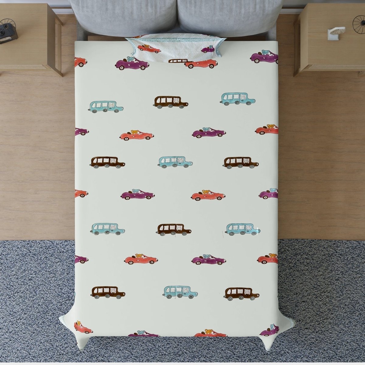 Handblock Cotton Kids Bedsheet – 60x90 – Car Print | Verified Sustainable by Brown Living™