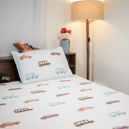 Handblock Cotton Kids Bedsheet – 60x90 – Car Print | Verified Sustainable by Brown Living™
