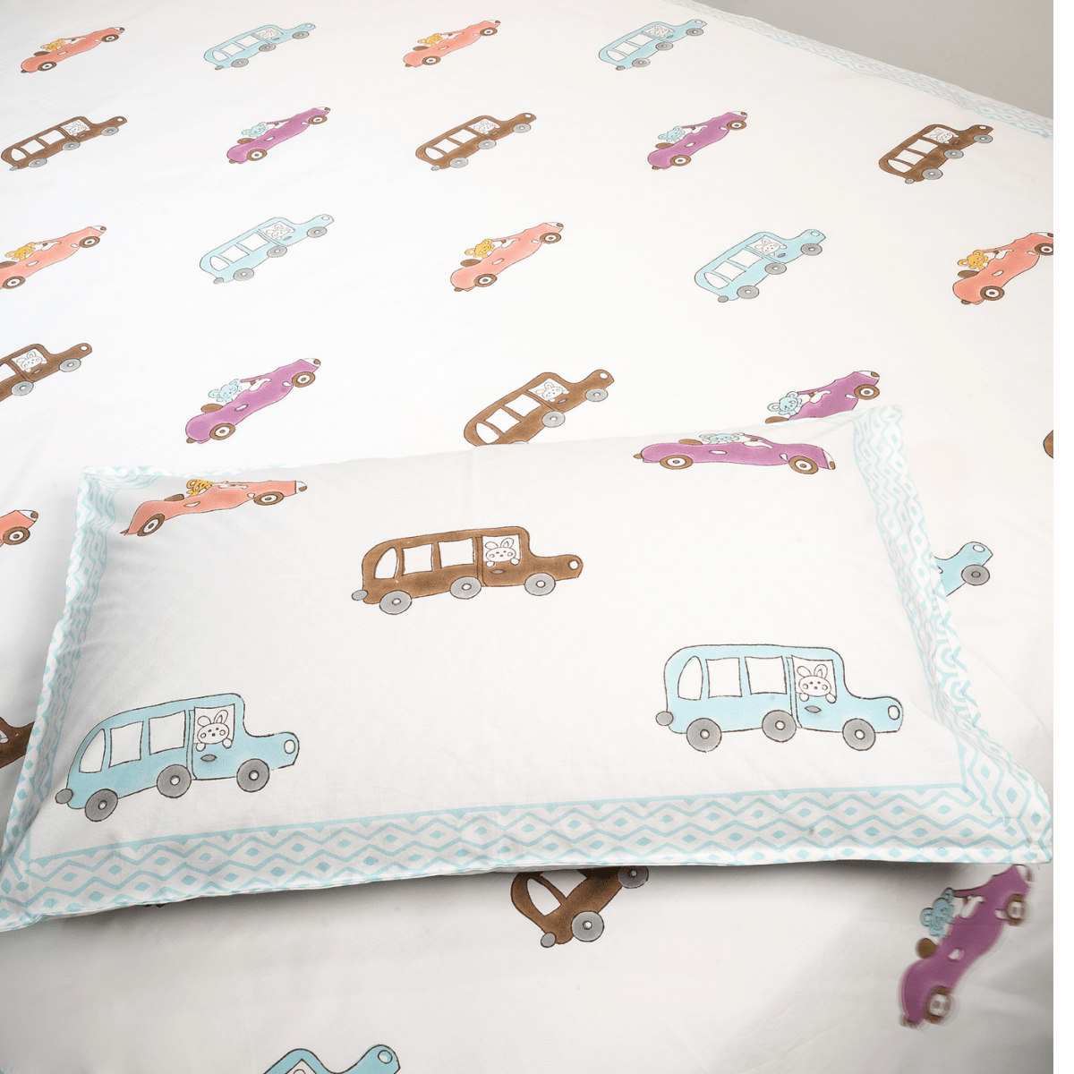 Handblock Cotton Kids Bedsheet – 60x90 – Car Print | Verified Sustainable by Brown Living™
