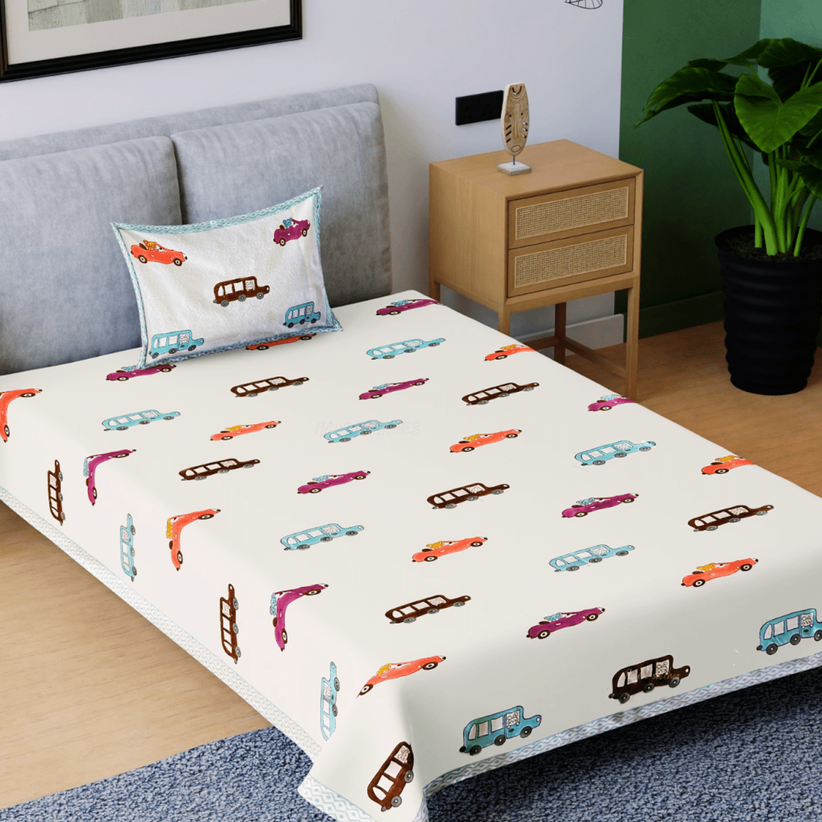 Handblock Cotton Kids Bedsheet – 60x90 – Car Print | Verified Sustainable by Brown Living™