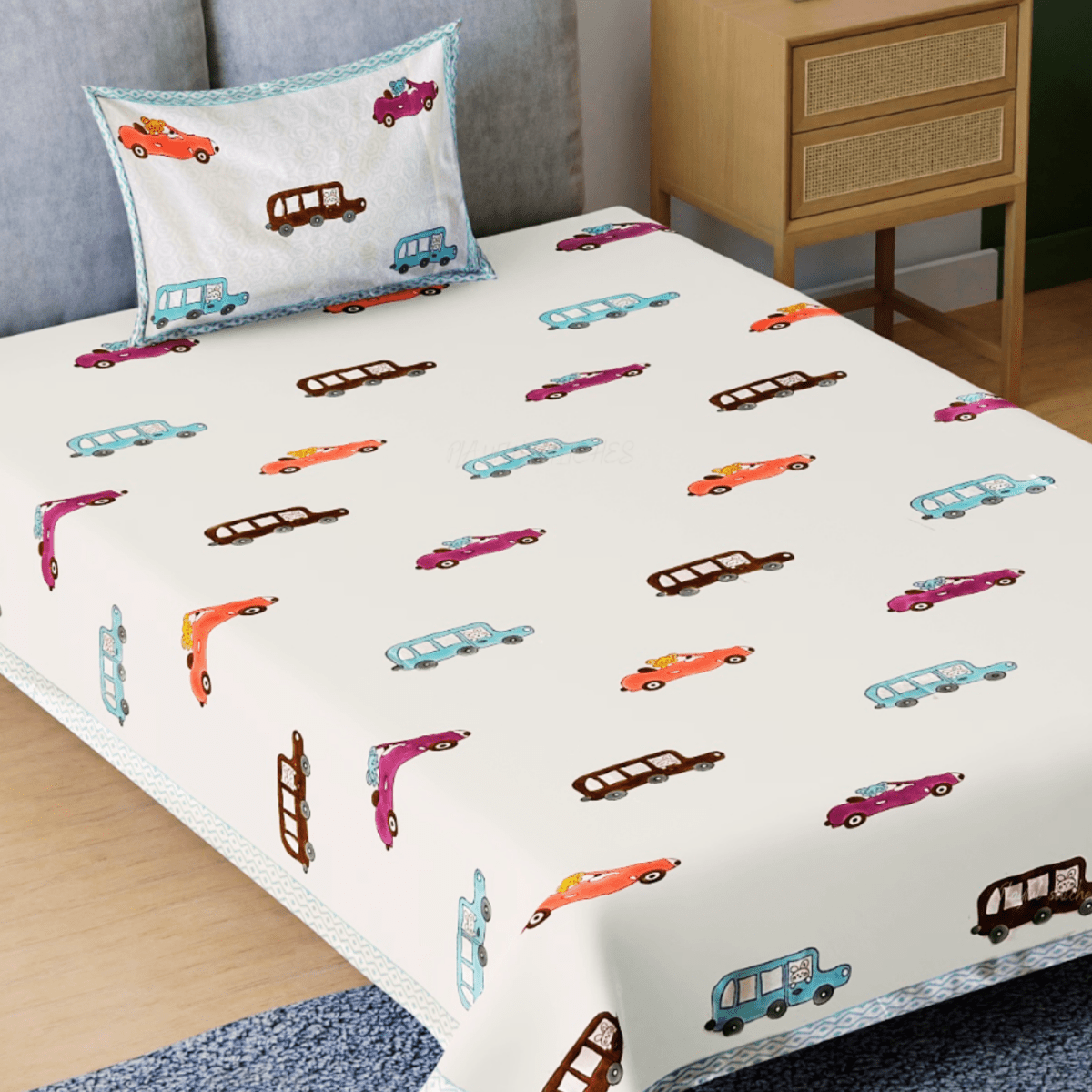 Handblock Cotton Kids Bedsheet – 60x90 – Car Print | Verified Sustainable by Brown Living™