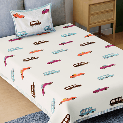 Handblock Cotton Kids Bedsheet – 60x90 – Car Print | Verified Sustainable by Brown Living™