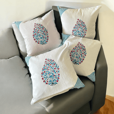 Handblock Motif Cotton Cushion Covers with Zipper - Set of 4 – Covers & Inserts on Brown Living™. SKU: CUSBLUEMOTIFF4. Img 3.