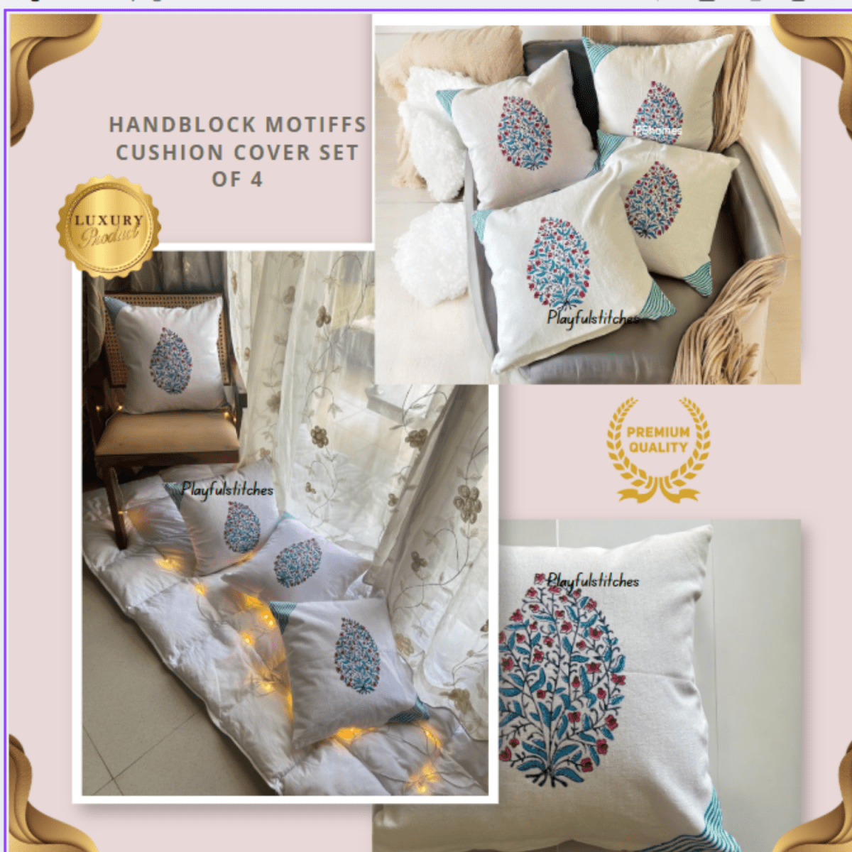 Handblock Motif Cotton Cushion Covers with Zipper - Set of 4 | Verified Sustainable by Brown Living™