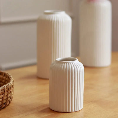 Handicrafted White Ribbed Vase Combo Of 2 – Decor & Artefacts on Brown Living™. SKU: 300. Img 3.