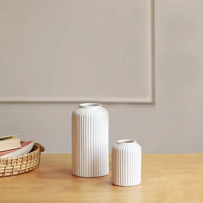 Handicrafted White Ribbed Vase Combo Of 2 – Decor & Artefacts on Brown Living™. SKU: 300. Img 6.