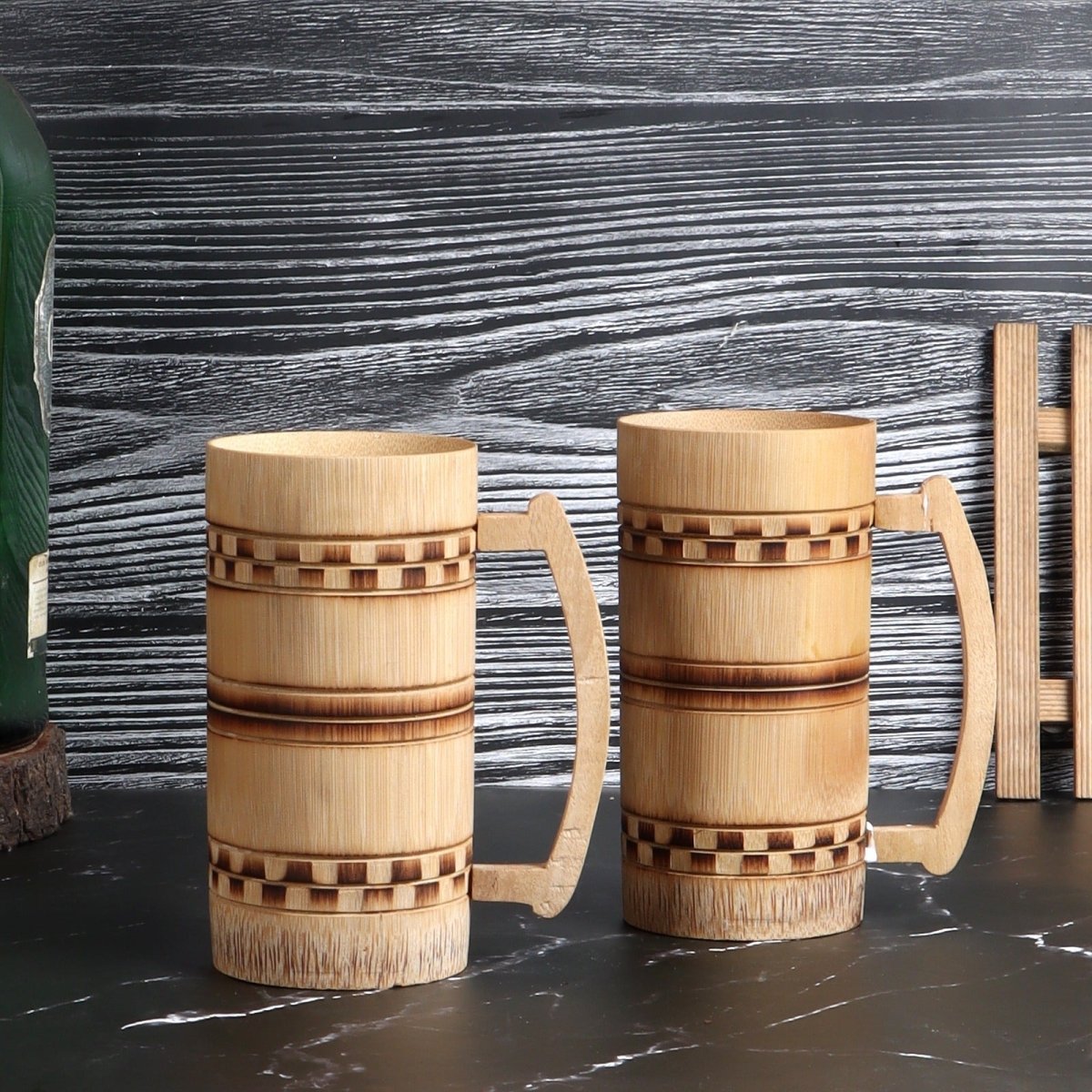 Handmade Bamboo Beer Mug - Smoked Finish and Checkered Design (Set of 2) | Verified Sustainable by Brown Living™