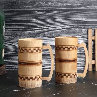 Handmade Bamboo Beer Mug - Smoked Finish and Checkered Design (Set of 2) – Kitchen Organizers on Brown Living™. SKU: SK - BBM - CD - 02 - SF. Img 1.