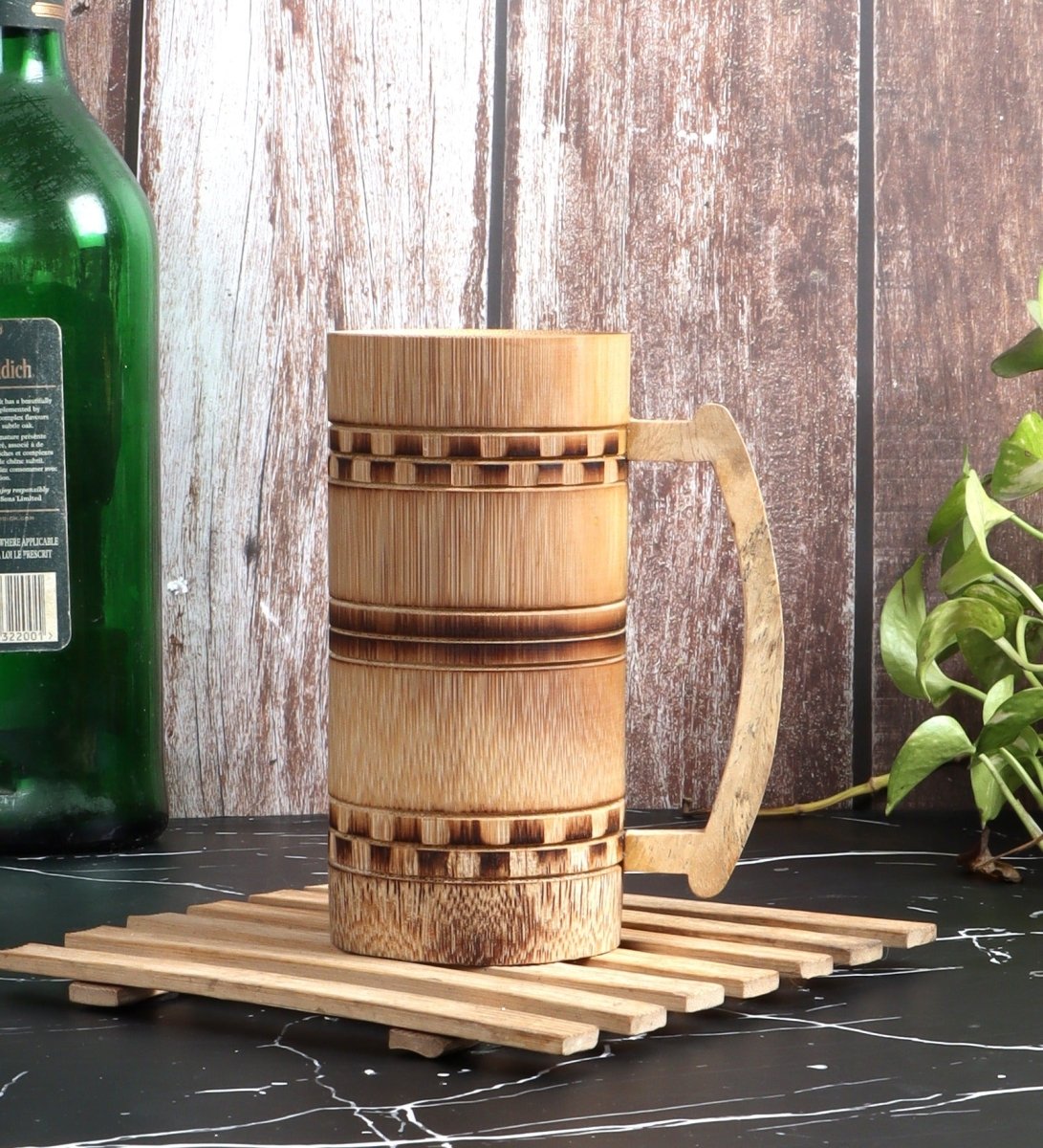 Handmade Bamboo Beer Mug - Smoked Finish and Checkered Design (Set of 2) | Verified Sustainable by Brown Living™