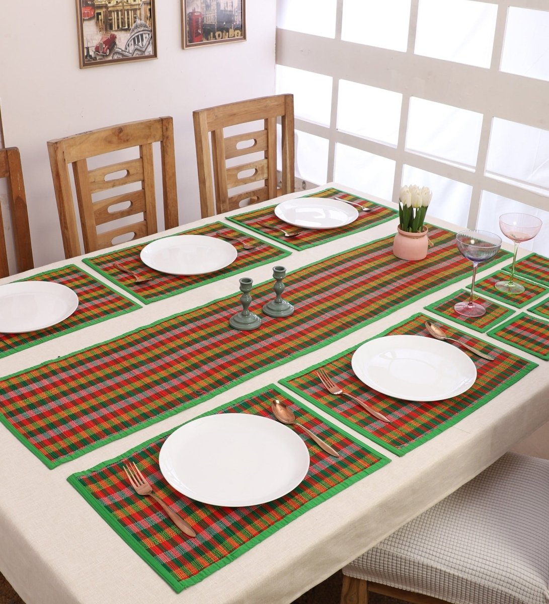 Handmade Bamboo Dining Mat Set - Checkered Design | Verified Sustainable by Brown Living™