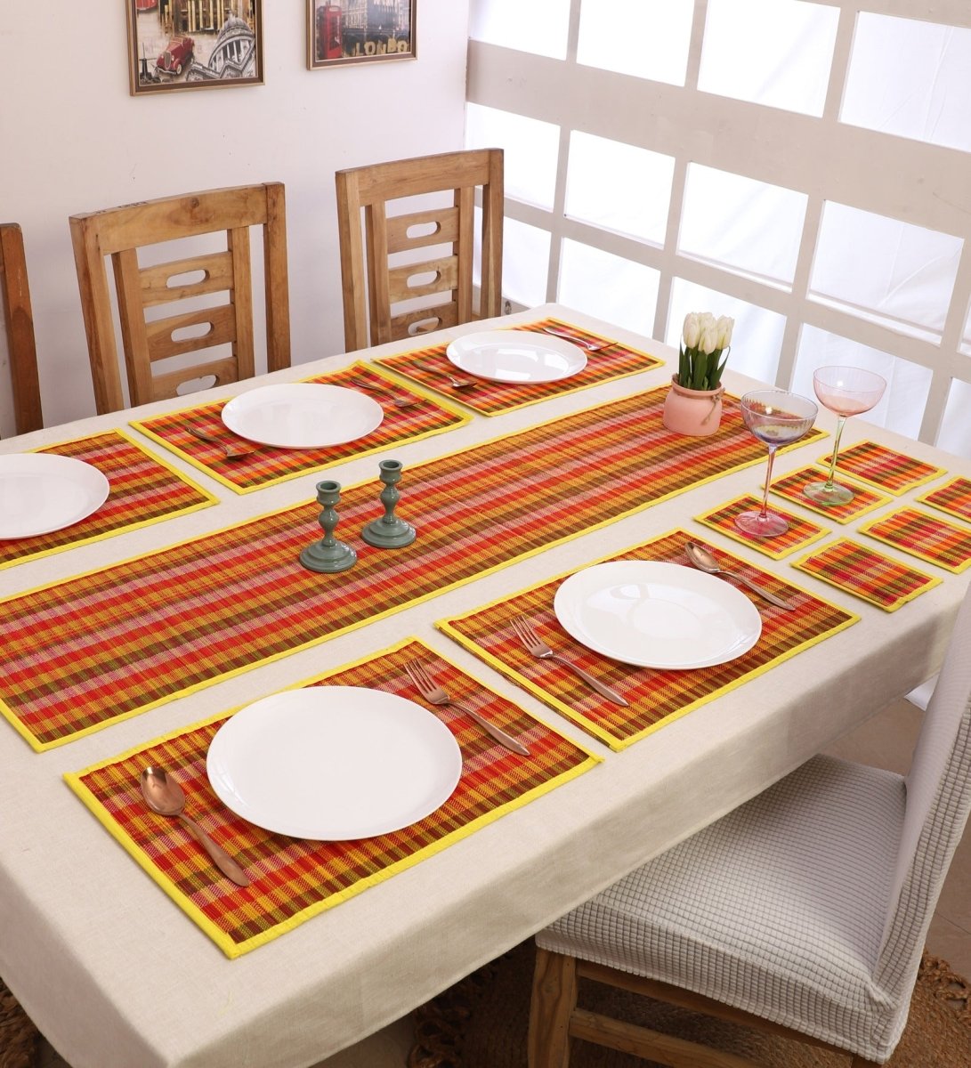 Handmade Bamboo Dining Mat Set - Checkered Design | Verified Sustainable by Brown Living™