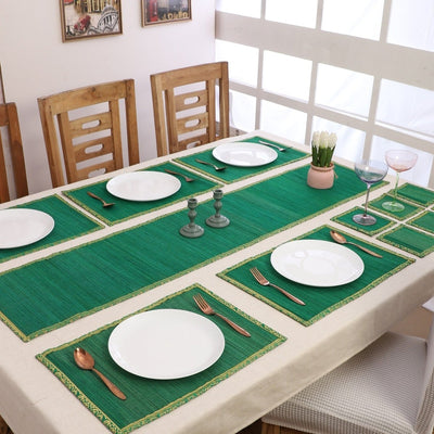Handmade Bamboo Dining Mat Set with Zari Border - Set of 13 – Table Linens on Brown Living™. SKU: SK - BDM - FS - 13 - GR. Img 8.
