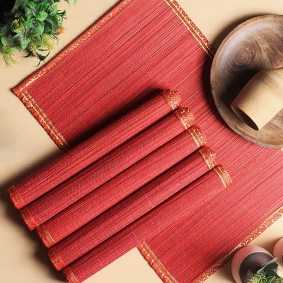 Handmade Bamboo Placemats | Zari Border – Set of 6 – Table Linens on Brown Living™. SKU: SK - BPM - FS - 06 - RD. Img 7.