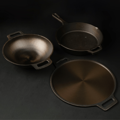 Handmade Cast Iron Combo (Kadai + Dosa Tawa + Skillet) – Cookware on Brown Living™. SKU: CastIron - Combo - 4 - 7250g - packof3. Img 1.