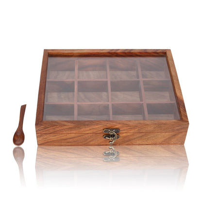 Handmade Wooden Spice Box - 12 Partitions & Spoon | Verified Sustainable by Brown Living™