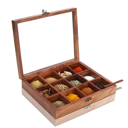 Handmade Wooden Spice Box - 12 Partitions & Spoon | Verified Sustainable by Brown Living™