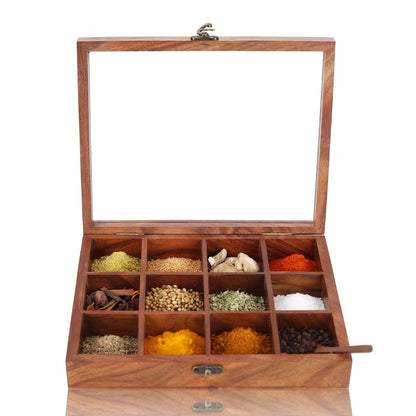 Handmade Wooden Spice Box - 12 Partitions & Spoon | Verified Sustainable by Brown Living™