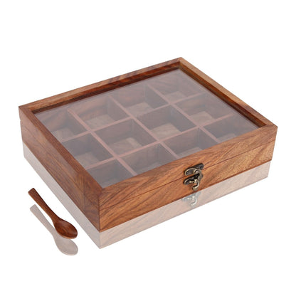 Handmade Wooden Spice Box - 12 Partitions & Spoon | Verified Sustainable by Brown Living™