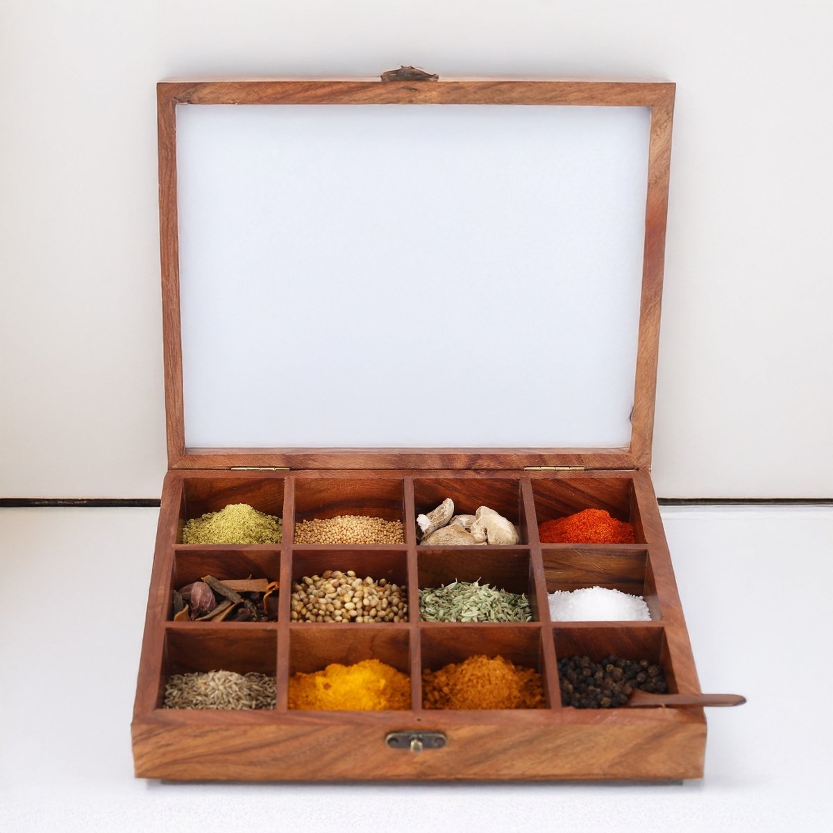 Handmade Wooden Spice Box - 12 Partitions & Spoon | Verified Sustainable by Brown Living™