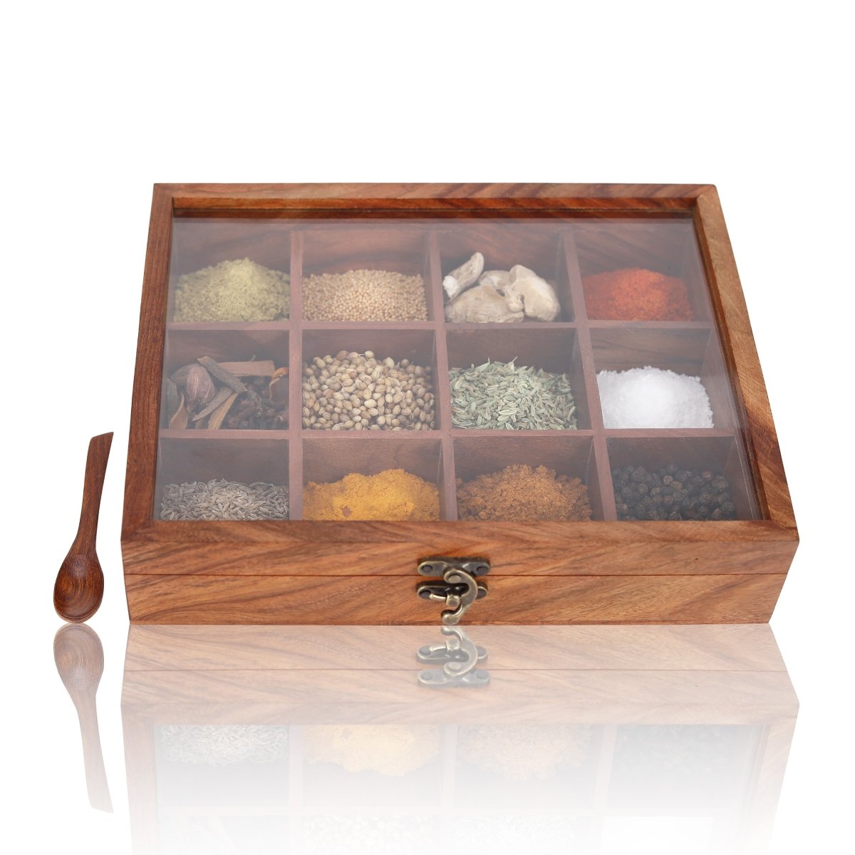 Handmade Wooden Spice Box - 12 Partitions & Spoon | Verified Sustainable by Brown Living™