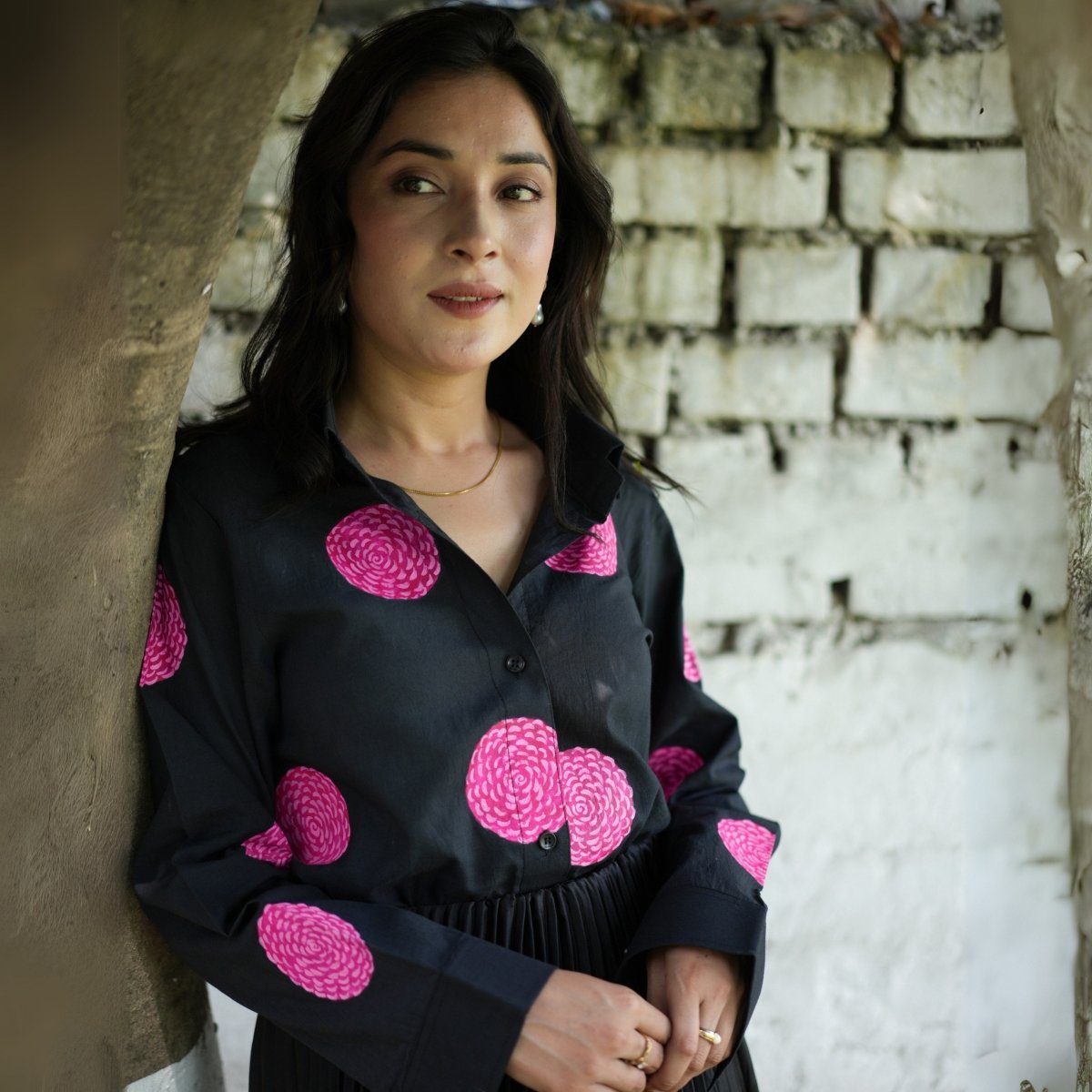Handpainted Black Cotton Marigold Shirt | Verified Sustainable by Brown Living™