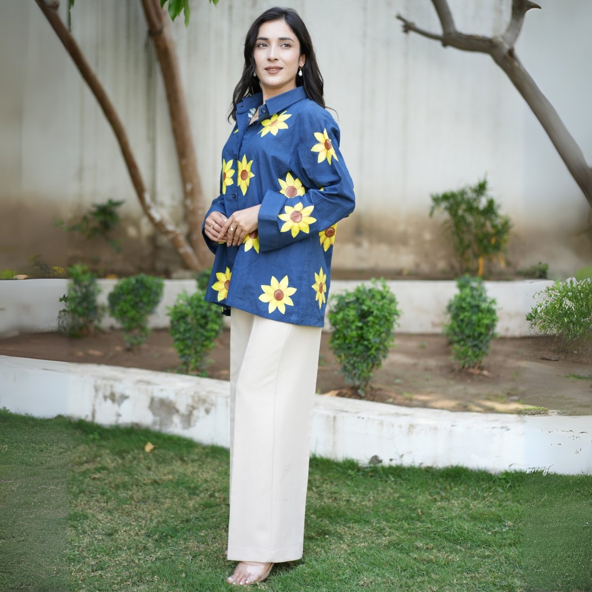 Handpainted Blue Cotton Sunflower Shirt | Verified Sustainable by Brown Living™