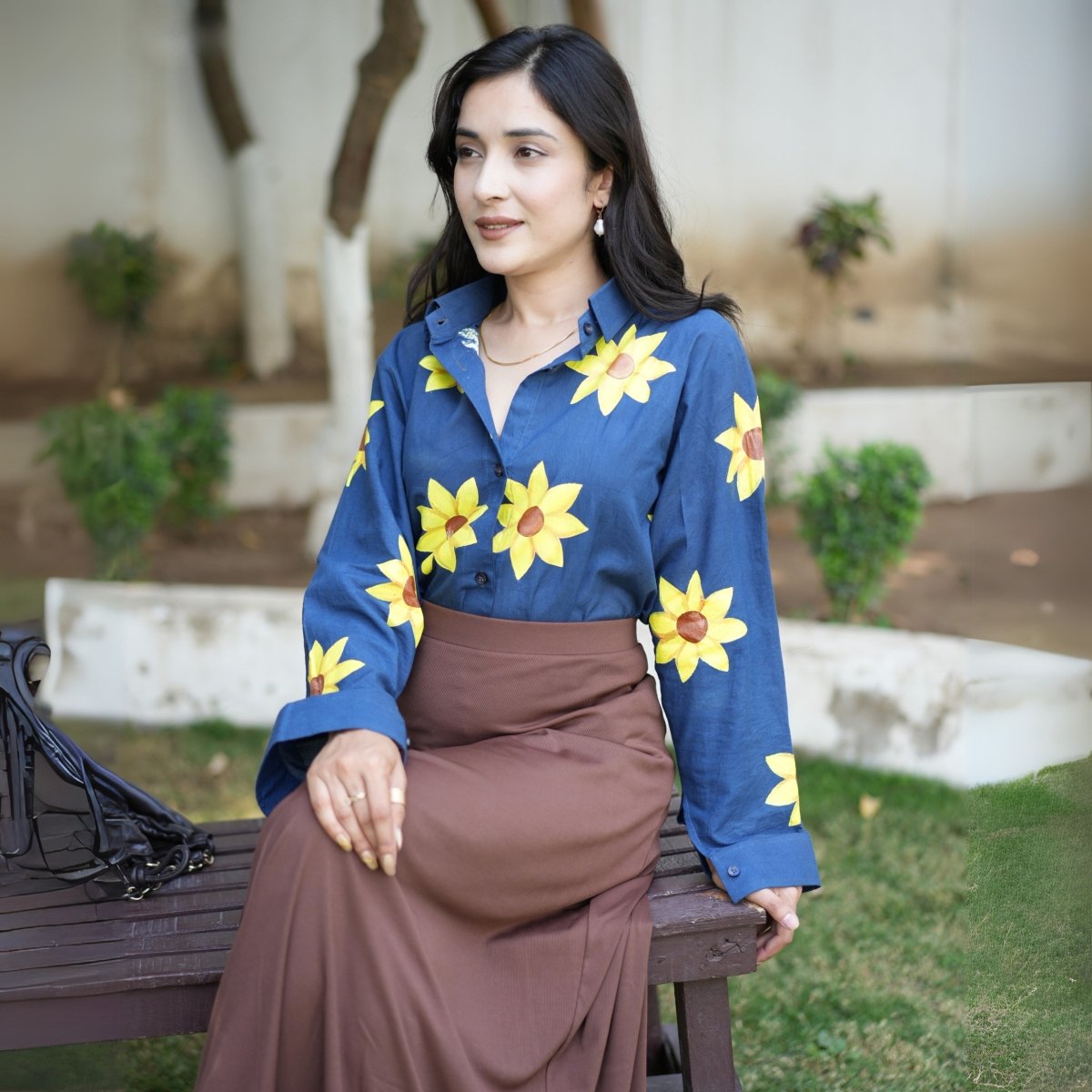 Handpainted Blue Cotton Sunflower Shirt | Verified Sustainable by Brown Living™